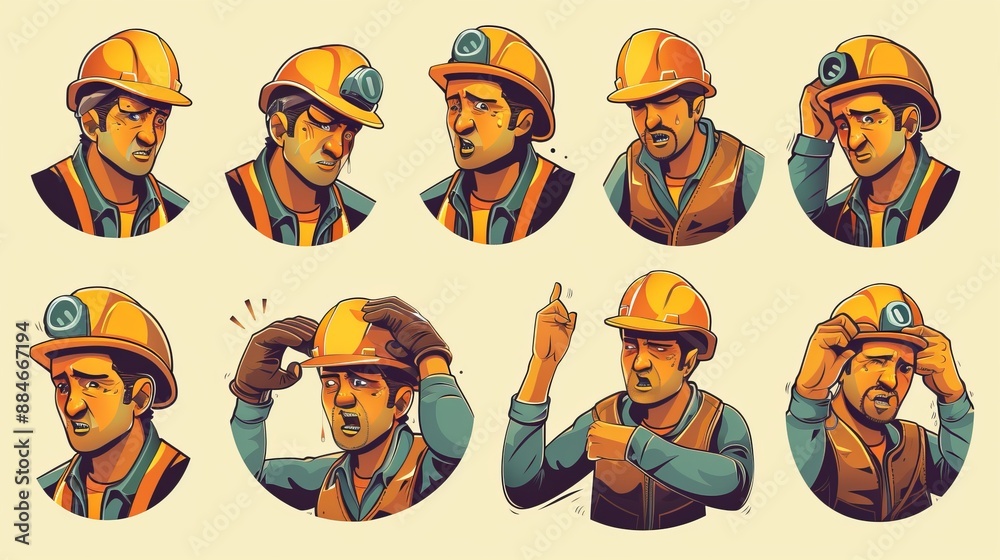 A series of animated miners in yellow helmets showing a range of emotions from determination to frustration, highlighting the challenges and dedication in mining professions. A series of animated miners in yellow helmets showing a range of emotions from determination to frustration, highlighting the challenges and dedication in mining professions.