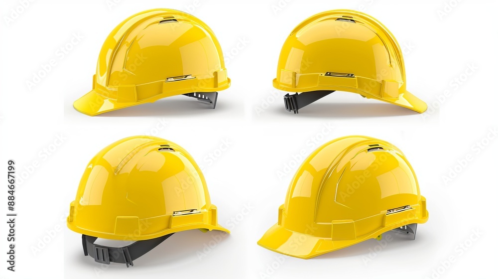 Four yellow construction helmets displayed from various angles, highlighting their design, durability, and protective qualities necessary for construction sites.