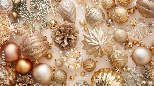 Christmas and New Year decorations in rich gold and crystal for festive party decor greeting card with monochrome pastel colors and copy space © 2rogan