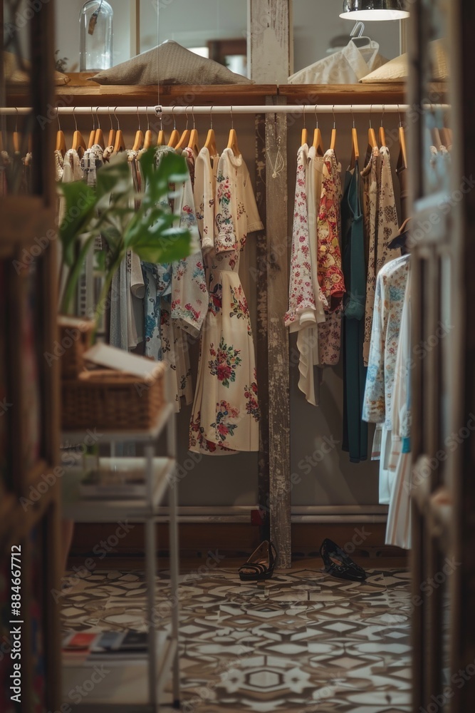 A room with clothes hanging on a rail A room with clothes hanging on a rail
