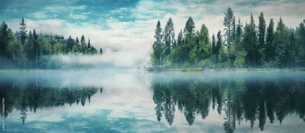 Fototapeta premium Misty Morning Reflections on a Tranquil Lake