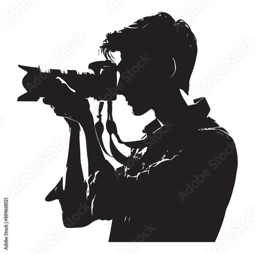 Photographer man silhouette Photograph and photo camera on street. on white background