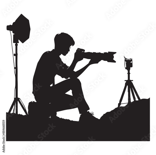 Photographer man silhouette Photograph and photo camera on street. on white background