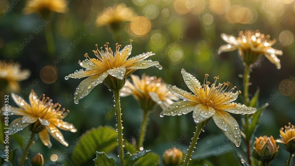 Dewy Yellow Flowers in Sunlight. Dewy Yellow Flowers in Sunlight.