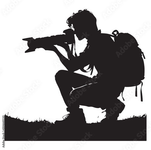 Photographer man silhouette Photograph and photo camera on street. on white background