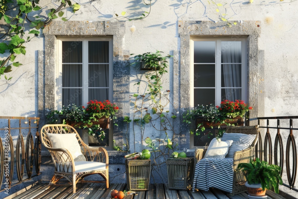 Fototapeta premium Cozy outdoor space with two chairs and a small table, perfect for relaxing or enjoying a meal