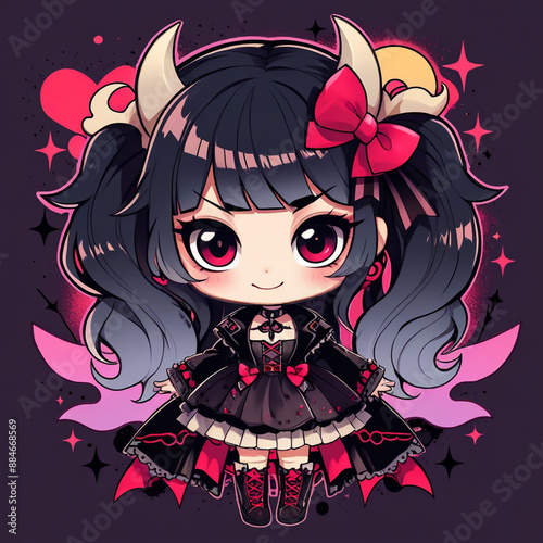 Enigmatic Gothic Girl with Dark Hair and Skull Bows photo