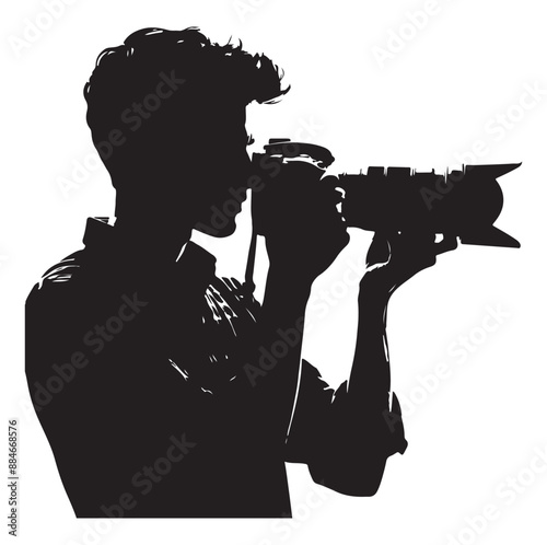 Photographer man silhouette Photograph and photo camera on street. on white background