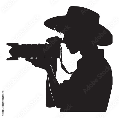 Photographer man silhouette Photograph and photo camera on street. on white background