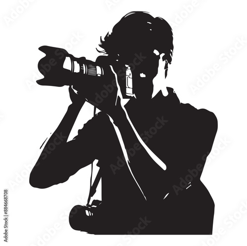 Photographer man silhouette Photograph and photo camera on street. on white background