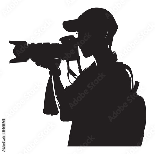 Photographer man silhouette Photograph and photo camera on street. on white background