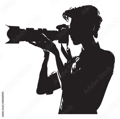 Photographer man silhouette Photograph and photo camera on street. on white background