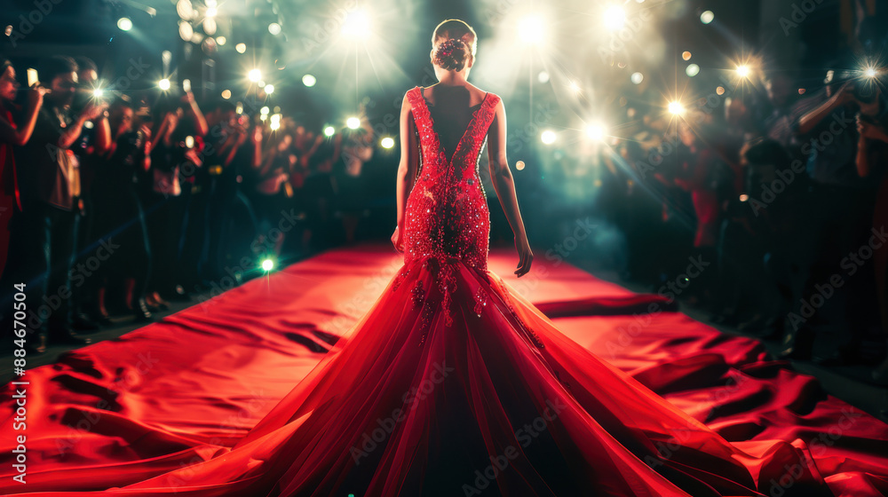 Fototapeta premium A photograph of a celebrity in a red carpet event, glamorous red gown, confidently posing for paparazzi, surrounded by flashing cameras and lights