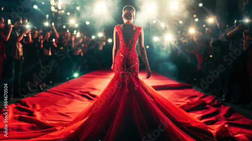 Wallpaper Mural A photograph of a celebrity in a red carpet event, glamorous red gown, confidently posing for paparazzi, surrounded by flashing cameras and lights Torontodigital.ca