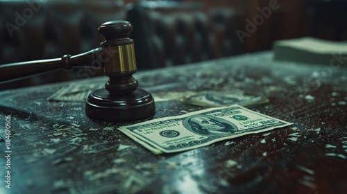 Close-up of a wooden gavel placed on top of dollar bills scattered across a dark wooden courtroom table, alluding to the costs associated with legal proceedings.