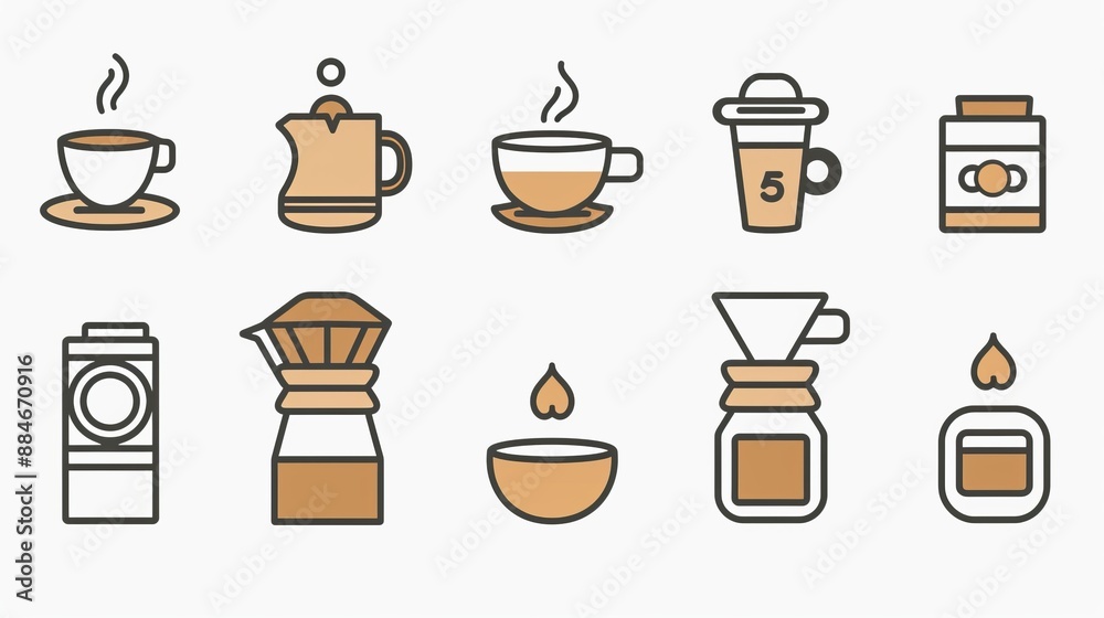 An array of stylish and modern icons depicting different coffee brewing methods, each designed in a minimalistic style, perfect for kitchen or café-related themes.
