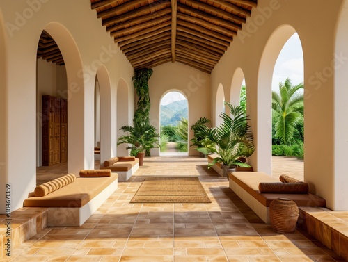 Modern Mediterranean Patio Design Upgraded Space with Contemporary Flair Arched Entryway, Terracotta Tiles, Lush Greenery, Outdoor Seating, Natural Light, Rustic Wood Beams, Relaxing Atmosphere