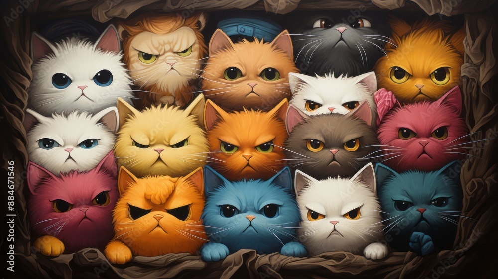 Fototapeta premium Group of colorful angry cats in a wooden box