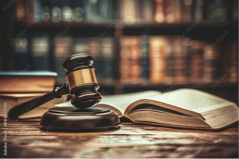 Gavel on desk next to open book. Gavel on desk next to open book.