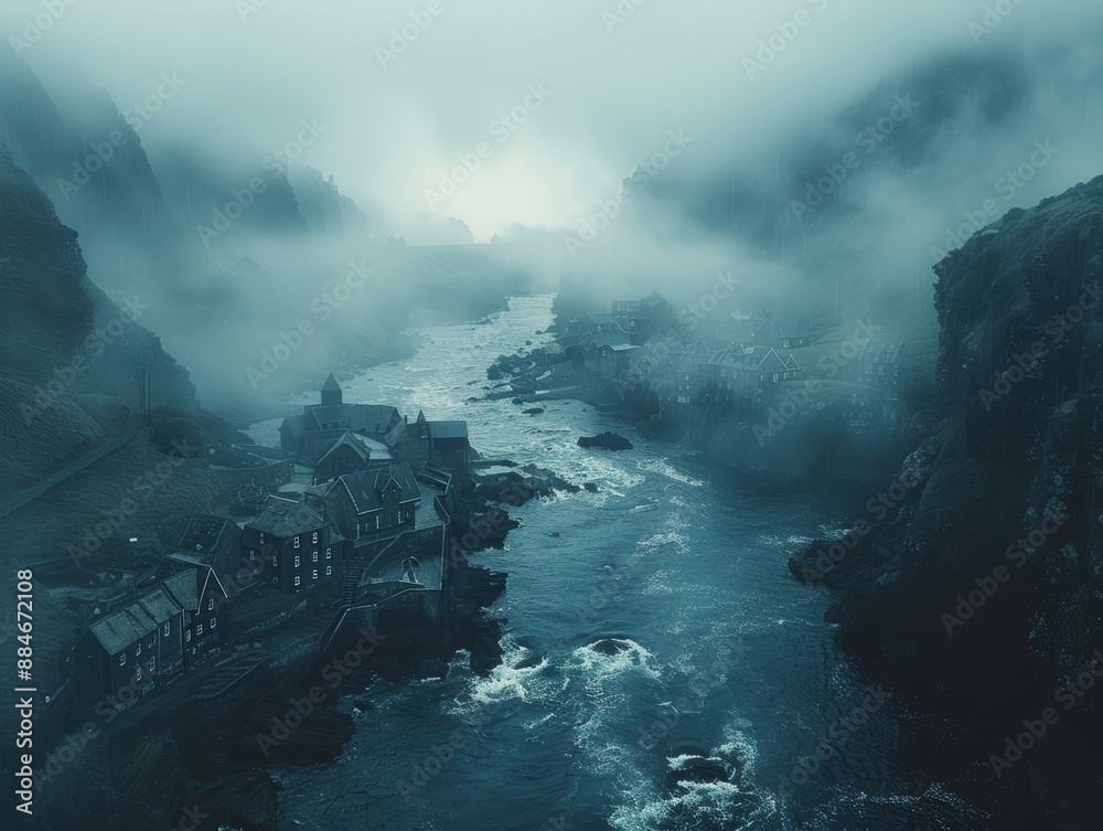Fototapeta premium Low-hanging fog clouds enveloping a coastal village, creating a mystical atmosphere in 4K.