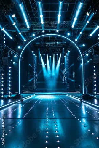 A futuristic empty stage with LED lighting strips on the floor, a digital screen backdrop, and a sleek, modern design. 
