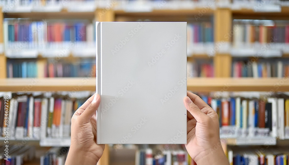 Close up blank book cover mockup. hand holding black cover book on library background Close up blank book cover mockup. hand holding black cover book on library background