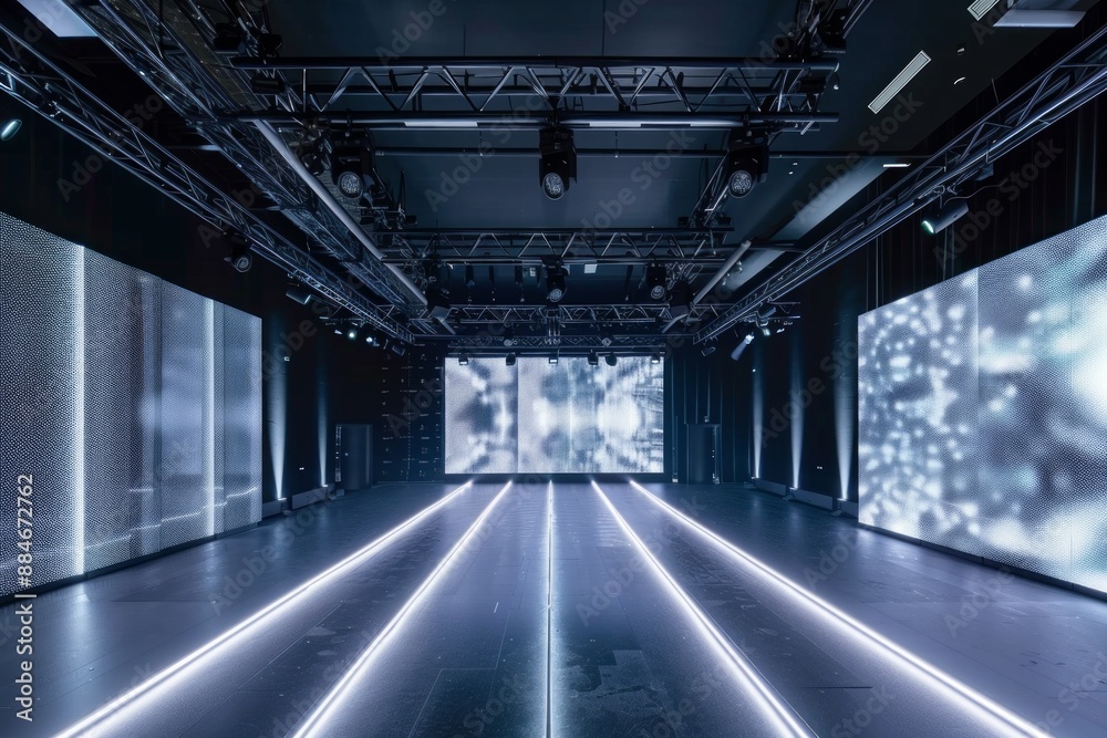 Naklejka premium A futuristic empty stage with LED lighting strips on the floor, a digital screen backdrop, and a sleek, modern design. 