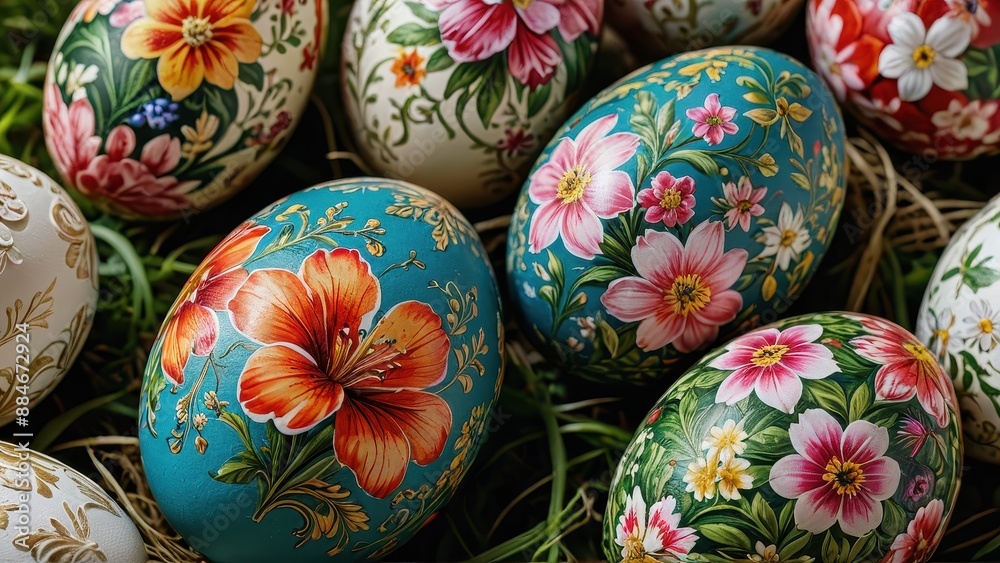 Hand Painted Easter Eggs with Floral Designs. Hand Painted Easter Eggs with Floral Designs.