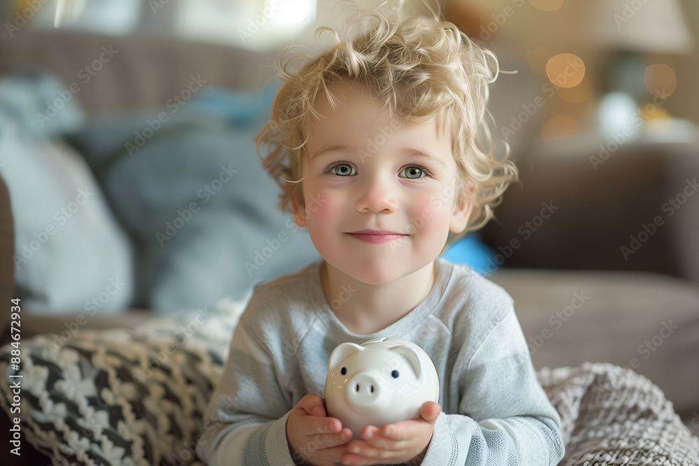 Blond toddler boy sits on a couch at home, holding a piggy bank and smiling happily. He embodies security, hope, and innocence, showcasing the joy of learning and growing Blond toddler boy sits on a couch at home, holding a piggy bank and smiling happily. He embodies security, hope, and innocence, showcasing the joy of learning and growing