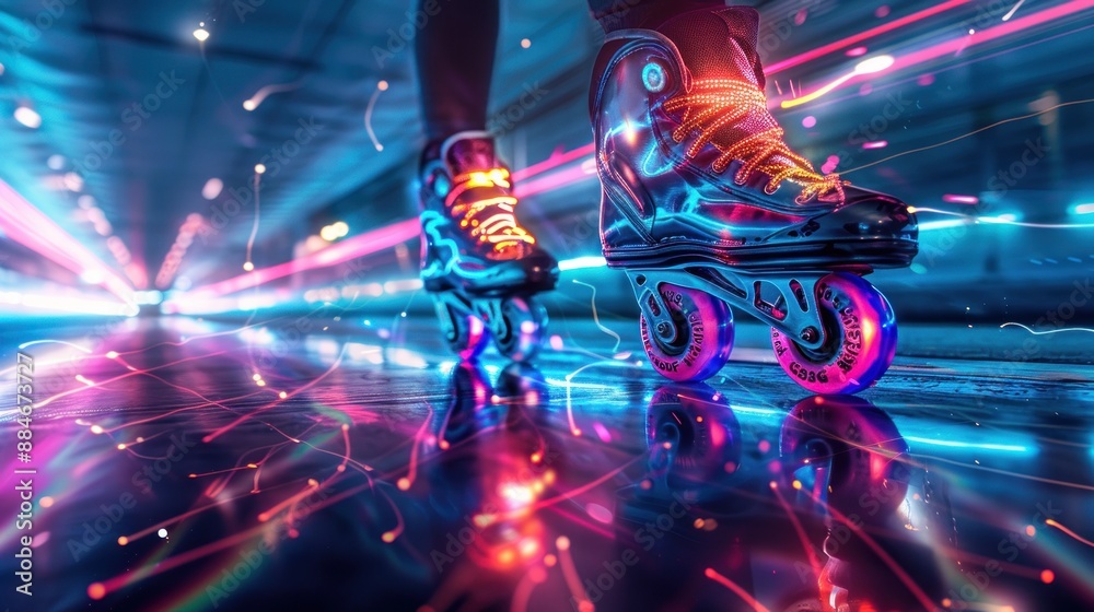 A pair of neon skates are on a reflective surface. The skates are glowing in the dark A pair of neon skates are on a reflective surface. The skates are glowing in the dark