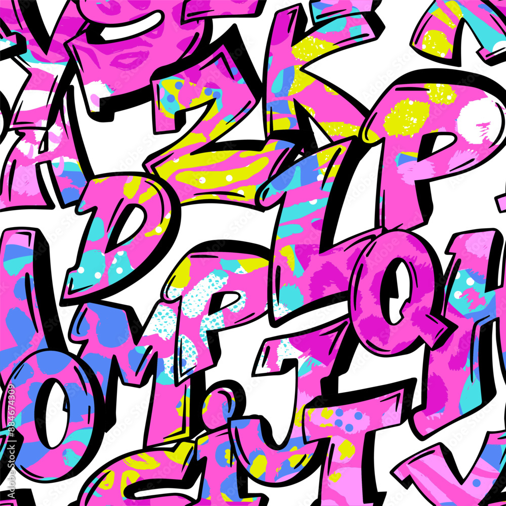 Obraz premium Abstract seamless chaotic pattern with retro graffiti, words. Grunge texture background. Fashion cool teen style Wallpaperure background. Fashion cool teen style Wallpaper