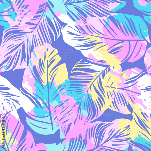 Fashion tropical bright wallpapers. Seamless pattern with leaves  and spots on lilac background. Pastel pallete.