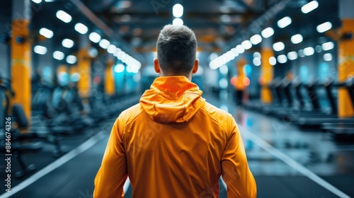 Man in an orange jacket standing in a modern gym. Concept of fitness, workout, and healthy lifestyle in an urban environment.