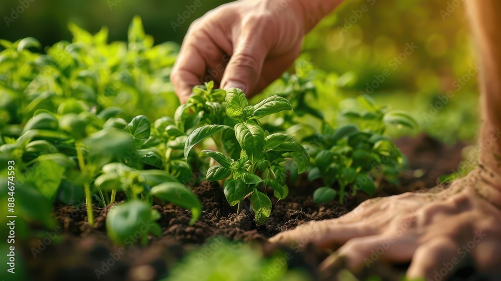 Close-up of hand tending to vegetable garden with green leafy plants, showcasing care and growth in a natural setting. Close-up of hand tending to vegetable garden with green leafy plants, showcasing care and growth in a natural setting.