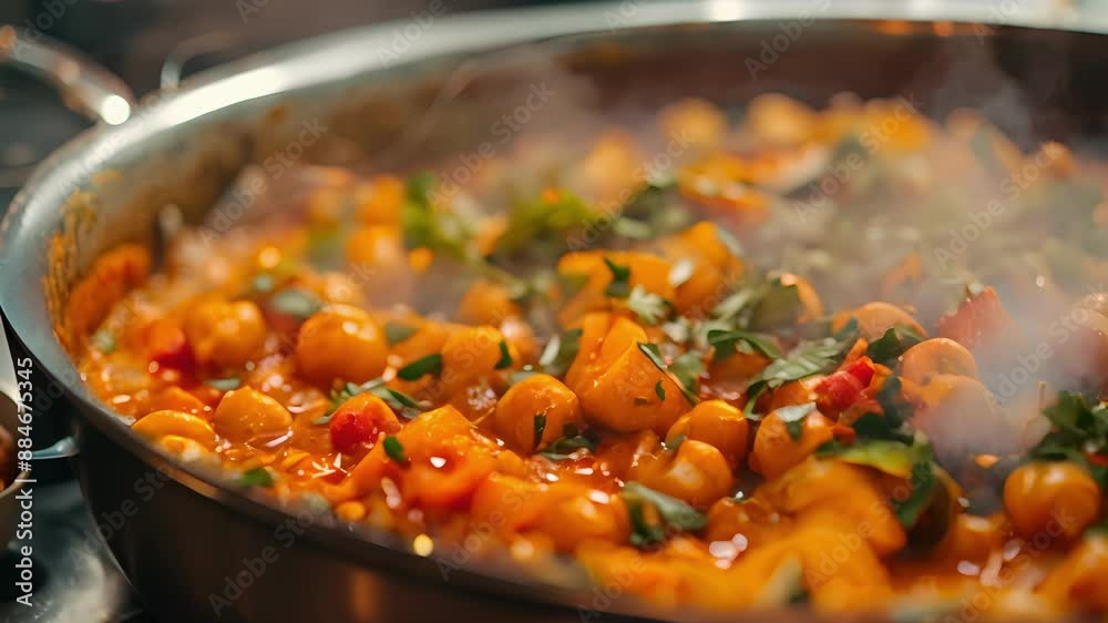 A closeup of a chickpea and vegetable curry simmering on the stove ready to be enjoyed as part of a plantbased meal kit. A closeup of a chickpea and vegetable curry simmering on the stove ready to be enjoyed as part of a plantbased meal kit.