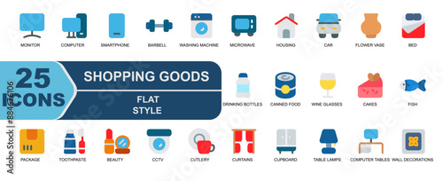 icon set of shopping goods simple flat style.house,housing,car,vehicle,flower vase,bed,mattresses,blankets,drinking bottles,mineral water,canned food and more.