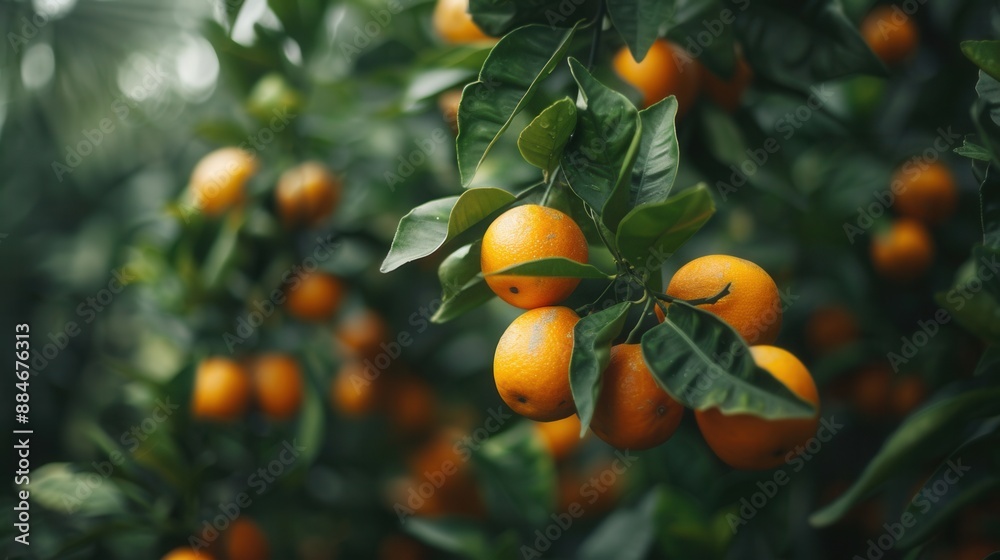 Fresh orange fruit on tree in plantation farm field closeup view Fresh orange fruit on tree in plantation farm field closeup view