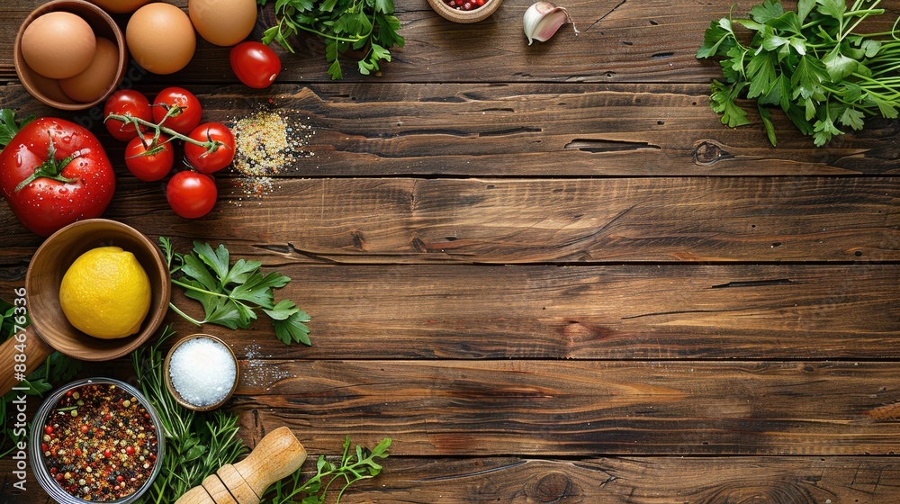 Cooking scene with ingredients on wooden table top view with space for text