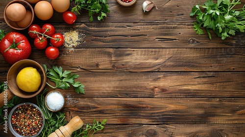 Obraz na płótnie Cooking scene with ingredients on wooden table top view with space for text w salonie
