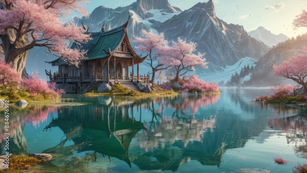 Fototapeta premium Tranquil Lakeside Temple with Cherry Blossoms.