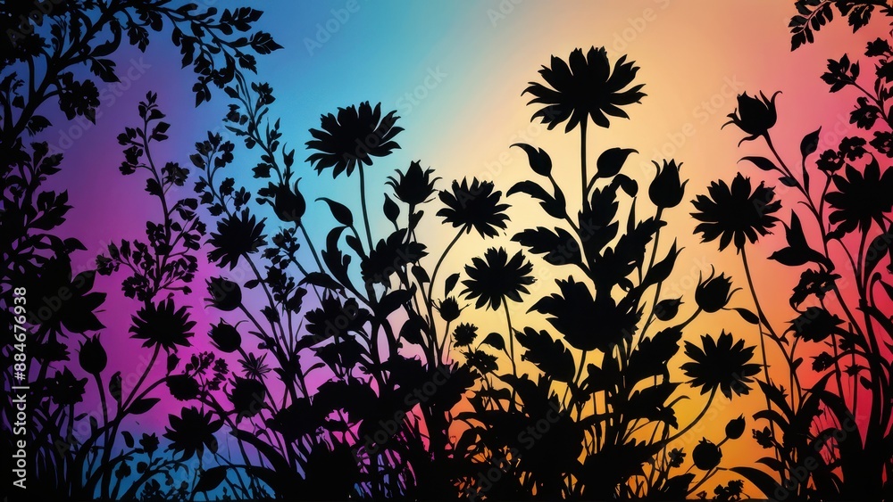 Obraz premium Silhouette of Flowers with a Colorful Gradient Background.