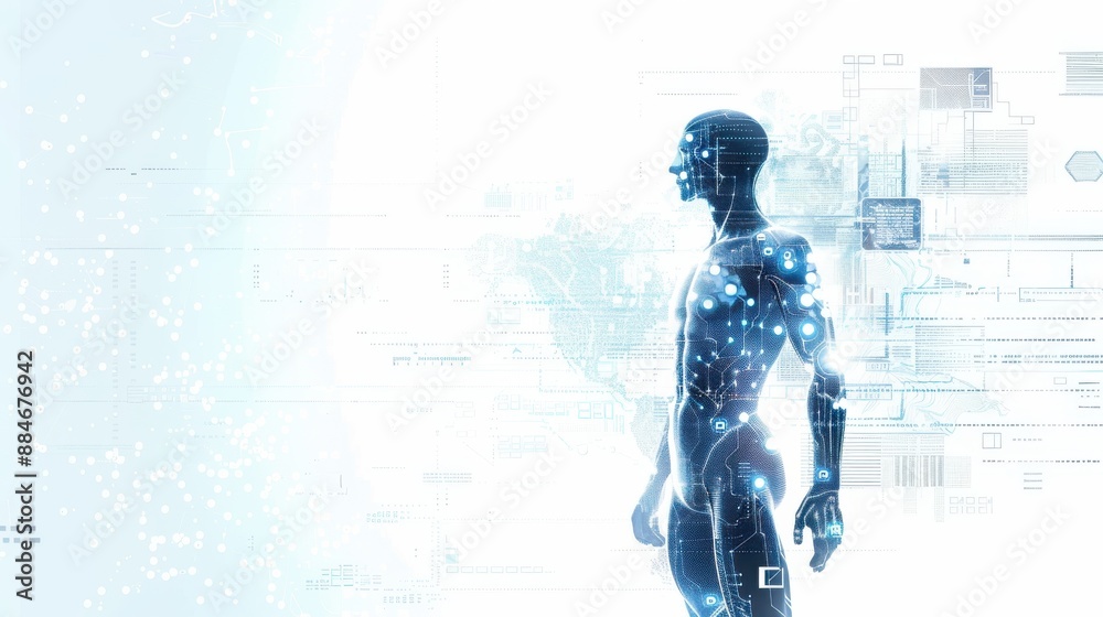 human with Tech Elements , futuristic ,long shot,white background. human with Tech Elements , futuristic ,long shot,white background.