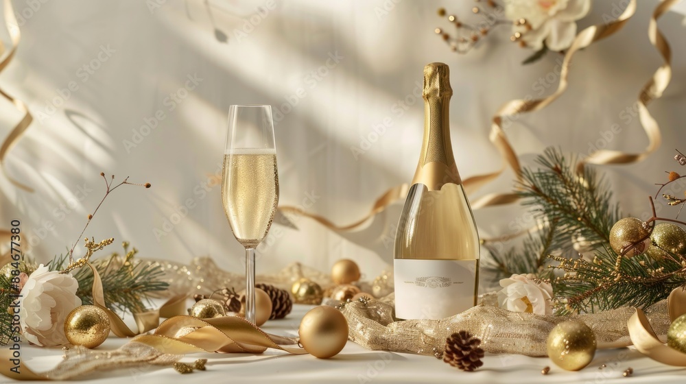 Luxury Christmas background with champagne bottle, glasses with festive decorative elements, shiny golden balls, Christmas tree, ribbons and confetti. Merry Christmas and Happy New Year. Luxury Christmas background with champagne bottle, glasses with festive decorative elements, shiny golden balls, Christmas tree, ribbons and confetti. Merry Christmas and Happy New Year.