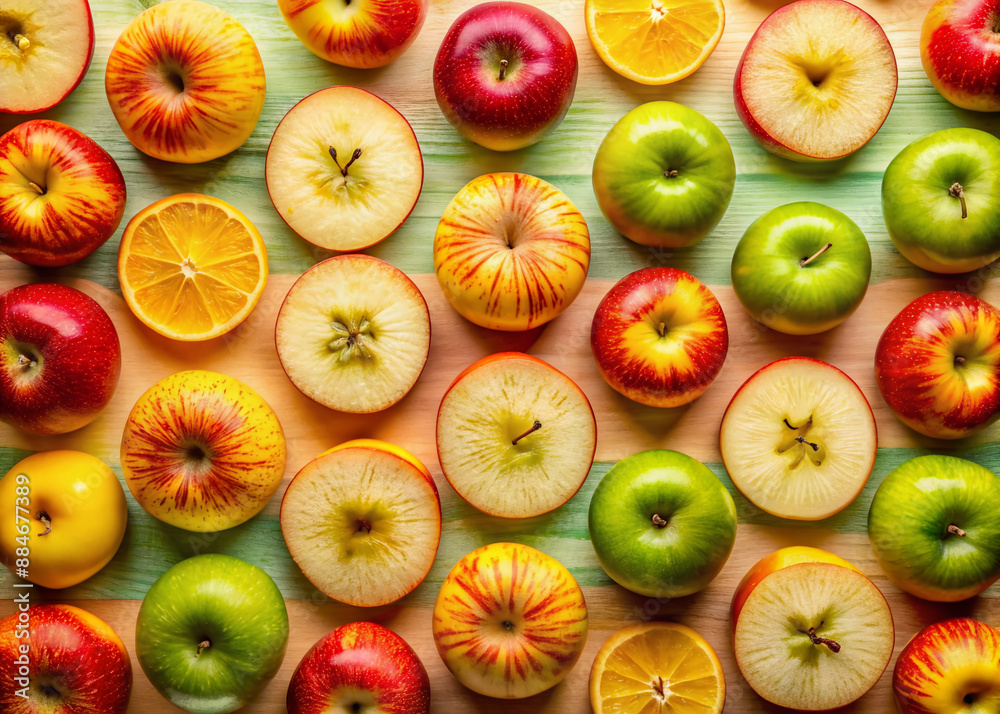Vibrant colorful sliced apples arranged in a repeating pattern on a bright summer-inspired background with natural textures and warm sunlight tones. Vibrant colorful sliced apples arranged in a repeating pattern on a bright summer-inspired background with natural textures and warm sunlight tones.