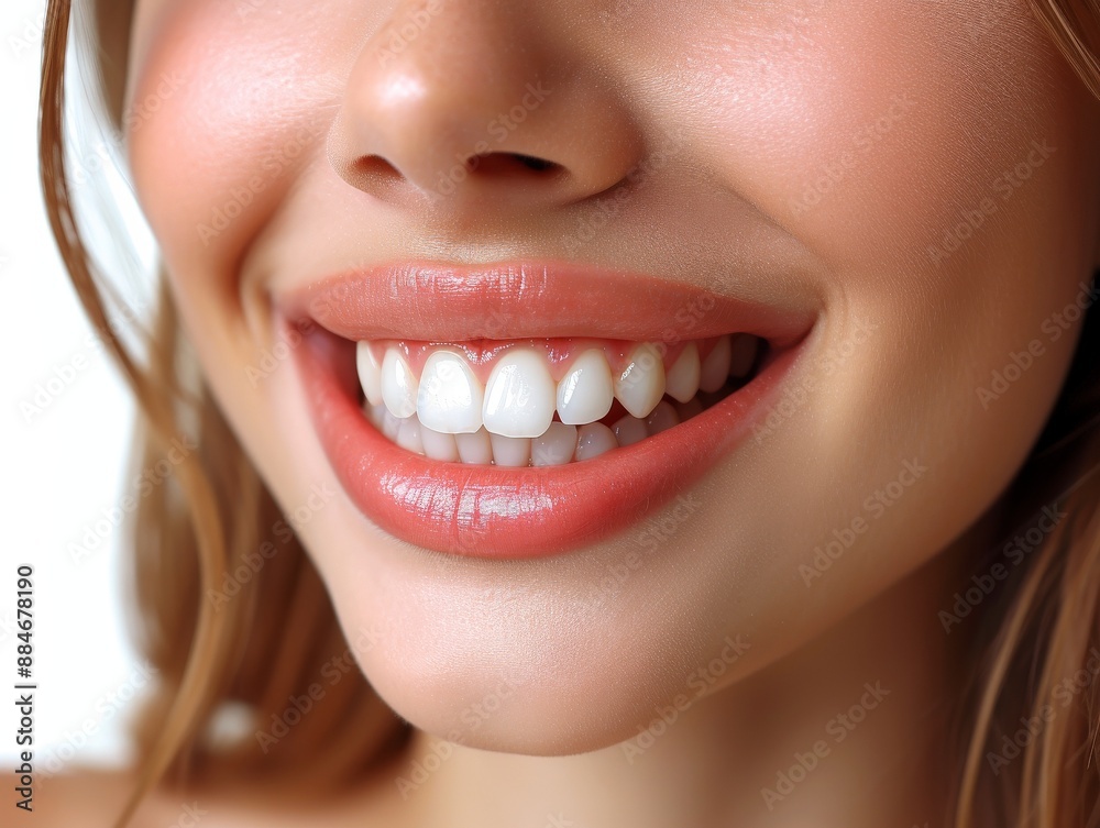 Closeup of a womans perfect smile with healthy white teeth and pink glossy lips Closeup of a womans perfect smile with healthy white teeth and pink glossy lips