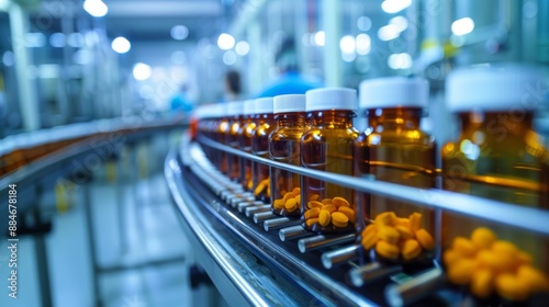 Photographs of medical medicine bottles after being filled and capped on the conveyor belt. Pharmaceutical industry.