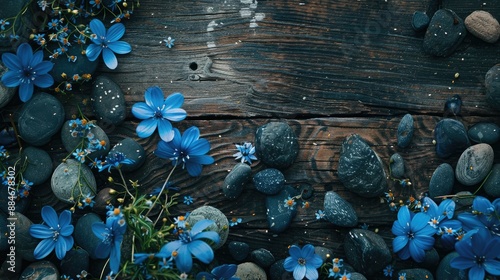 Blue wildflowers and dark stones on wood surface seen from above photo