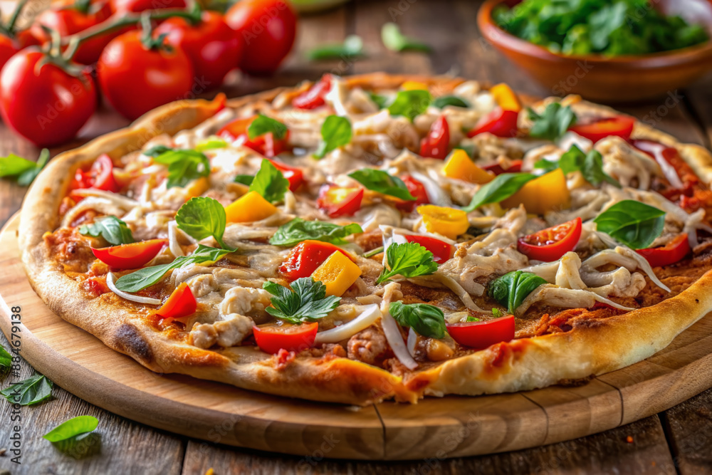 Freshly baked savory pizza loaded with shredded leftover turkey, vibrant vegetables, gooey melted cheese, and aromatic herbs on a crispy golden crust background. Freshly baked savory pizza loaded with shredded leftover turkey, vibrant vegetables, gooey melted cheese, and aromatic herbs on a crispy golden crust background.