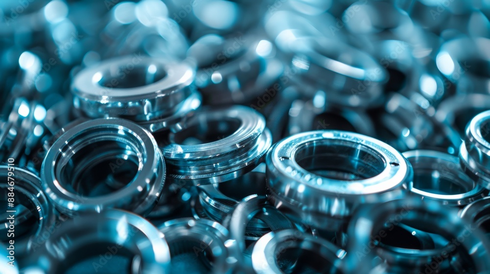 Close-up shot of a pile of cylindrical bearings in a light blue setting. Concept of manufacturing heavy equipment parts Close-up shot of a pile of cylindrical bearings in a light blue setting. Concept of manufacturing heavy equipment parts