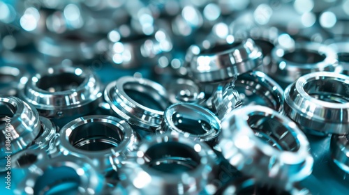 Close-up shot of a pile of cylindrical bearings in a light blue setting. Concept of manufacturing heavy equipment parts